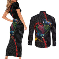 New Zealand Tui Birds Love Couple Couples Matching Short Sleeve Bodycon Dress and Long Sleeve Button Shirt The Heart of Silver Fern Leaves and Maori Tattoo Pattern LT03 - Polynesian Pride