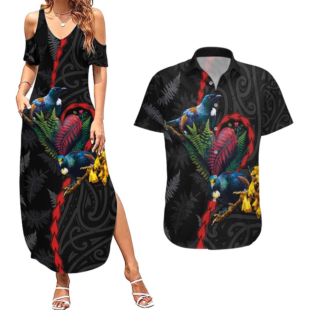 New Zealand Tui Birds Love Couple Couples Matching Summer Maxi Dress and Hawaiian Shirt The Heart of Silver Fern Leaves and Maori Tattoo Pattern