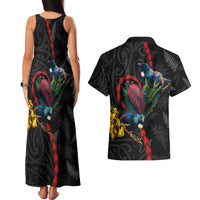 New Zealand Tui Birds Love Couple Couples Matching Tank Maxi Dress and Hawaiian Shirt The Heart of Silver Fern Leaves and Maori Tattoo Pattern