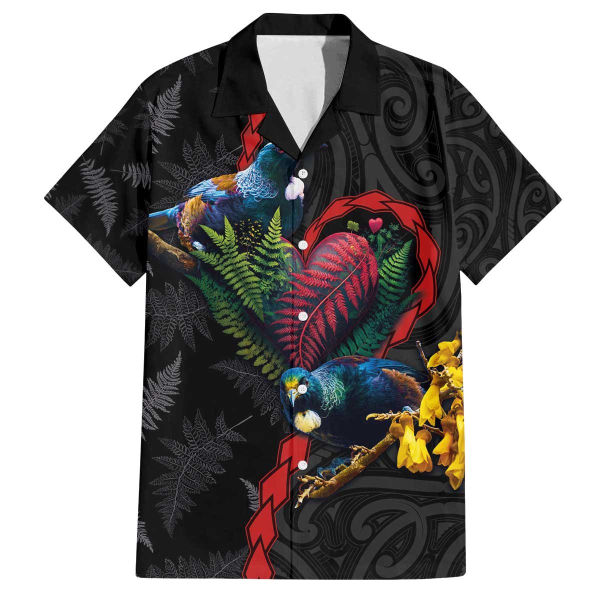 New Zealand Tui Birds Love Couple Family Matching Off The Shoulder Long Sleeve Dress and Hawaiian Shirt The Heart of Silver Fern Leaves and Maori Tattoo Pattern