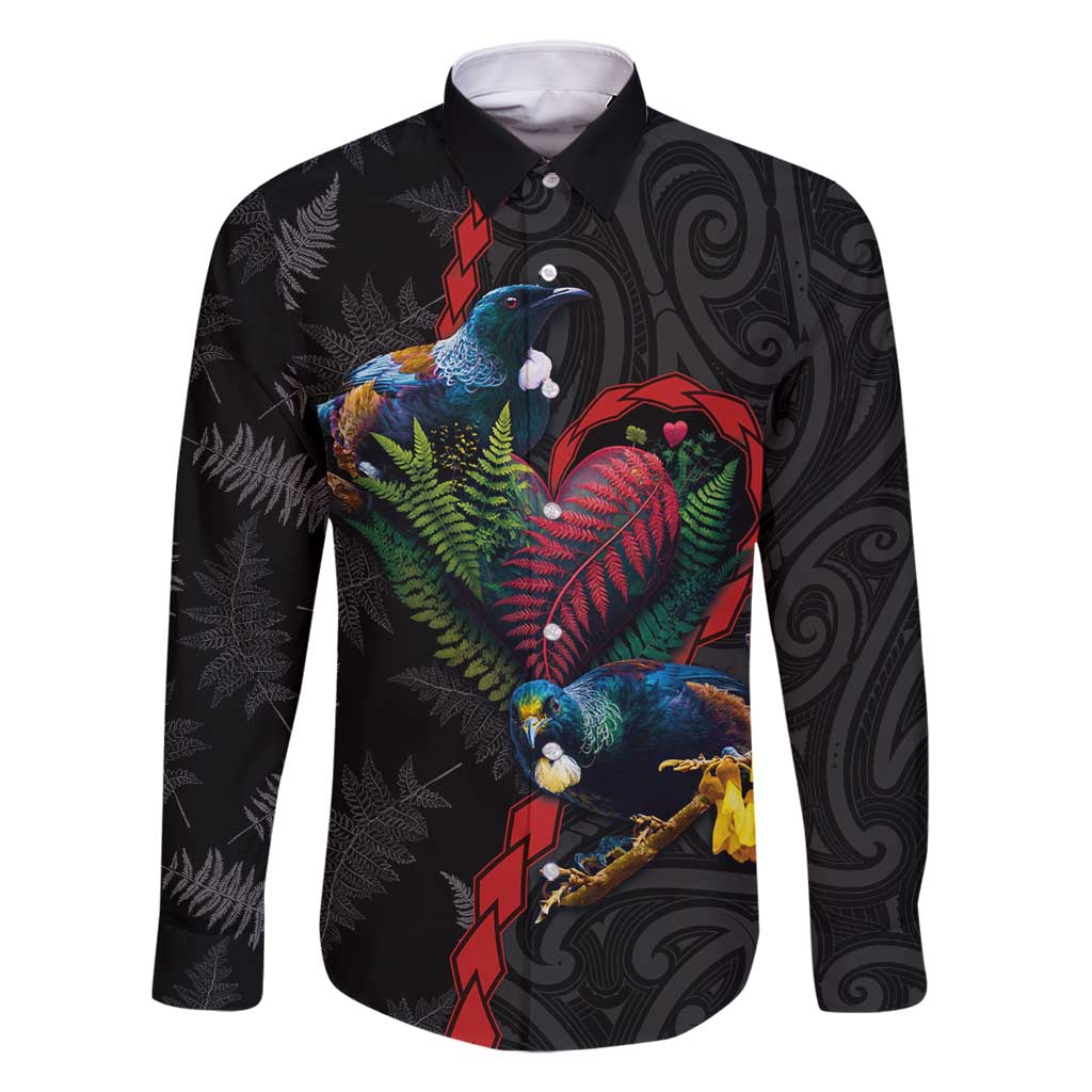 New Zealand Tui Birds Love Couple Family Matching Off Shoulder Maxi Dress and Hawaiian Shirt The Heart of Silver Fern Leaves and Maori Tattoo Pattern