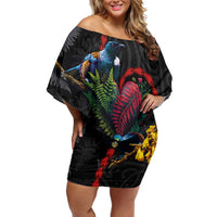New Zealand Tui Birds Love Couple Family Matching Off Shoulder Short Dress and Hawaiian Shirt The Heart of Silver Fern Leaves and Maori Tattoo Pattern