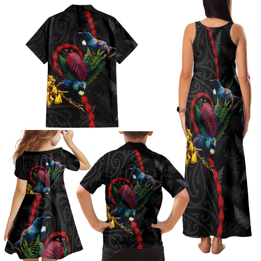 New Zealand Tui Birds Love Couple Family Matching Tank Maxi Dress and Hawaiian Shirt The Heart of Silver Fern Leaves and Maori Tattoo Pattern