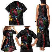 New Zealand Tui Birds Love Couple Family Matching Tank Maxi Dress and Hawaiian Shirt The Heart of Silver Fern Leaves and Maori Tattoo Pattern