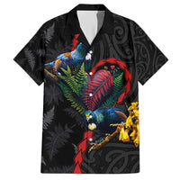 New Zealand Tui Birds Love Couple Hawaiian Shirt The Heart of Silver Fern Leaves and Maori Tattoo Pattern