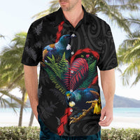 New Zealand Tui Birds Love Couple Hawaiian Shirt The Heart of Silver Fern Leaves and Maori Tattoo Pattern