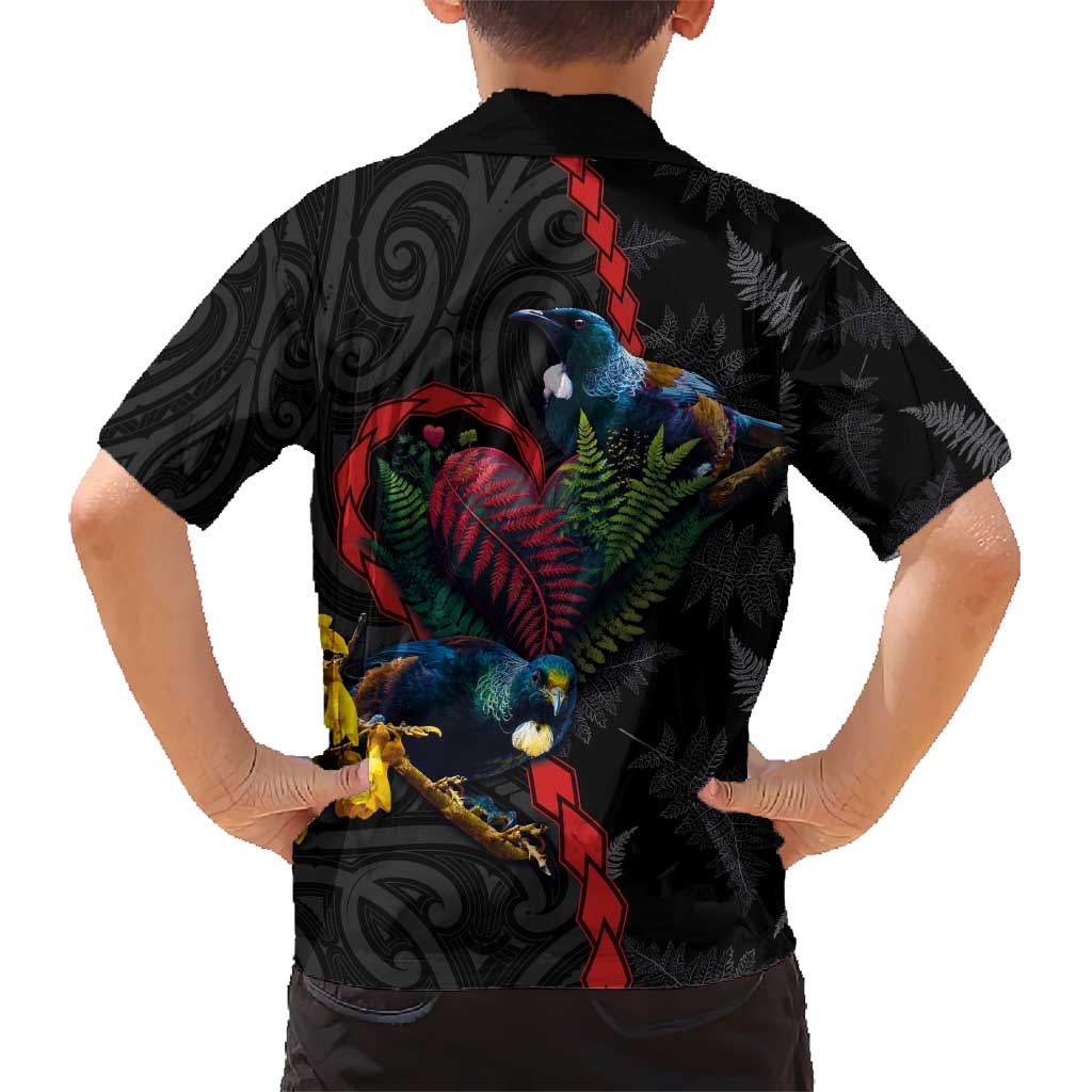 New Zealand Tui Birds Love Couple Kid Hawaiian Shirt The Heart of Silver Fern Leaves and Maori Tattoo Pattern
