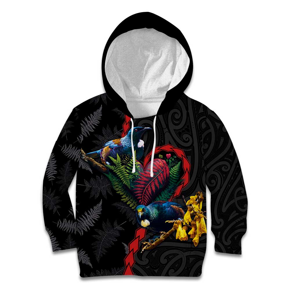 New Zealand Tui Birds Love Couple Kid Hoodie The Heart of Silver Fern Leaves and Maori Tattoo Pattern