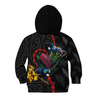 New Zealand Tui Birds Love Couple Kid Hoodie The Heart of Silver Fern Leaves and Maori Tattoo Pattern