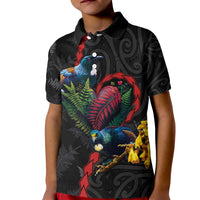 New Zealand Tui Birds Love Couple Kid Polo Shirt The Heart of Silver Fern Leaves and Maori Tattoo Pattern