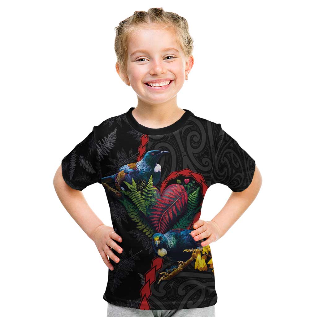 New Zealand Tui Birds Love Couple Kid T Shirt The Heart of Silver Fern Leaves and Maori Tattoo Pattern