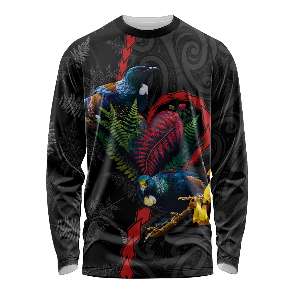 New Zealand Tui Birds Love Couple Long Sleeve Shirt The Heart of Silver Fern Leaves and Maori Tattoo Pattern