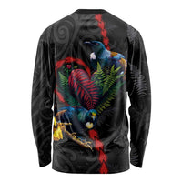 New Zealand Tui Birds Love Couple Long Sleeve Shirt The Heart of Silver Fern Leaves and Maori Tattoo Pattern