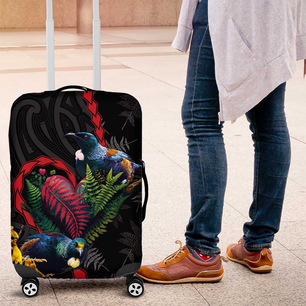 New Zealand Tui Birds Love Couple Luggage Cover The Heart of Silver Fern Leaves and Maori Tattoo Pattern