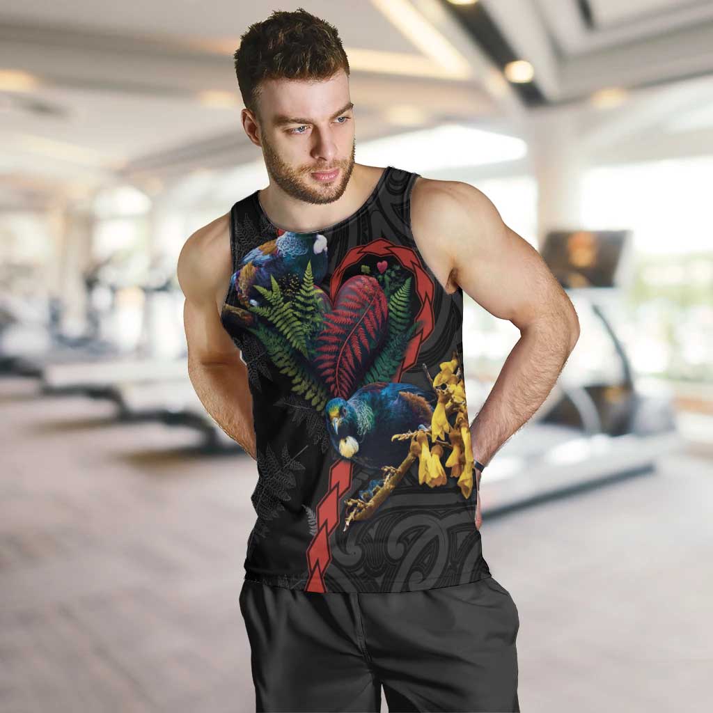 New Zealand Tui Birds Love Couple Men Tank Top The Heart of Silver Fern Leaves and Maori Tattoo Pattern