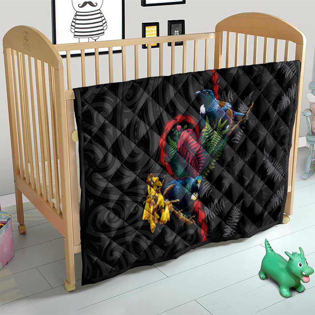 New Zealand Tui Birds Love Couple Quilt The Heart of Silver Fern Leaves and Maori Tattoo Pattern