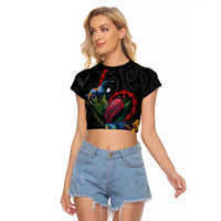 New Zealand Tui Birds Love Couple Raglan Cropped T Shirt The Heart of Silver Fern Leaves and Maori Tattoo Pattern
