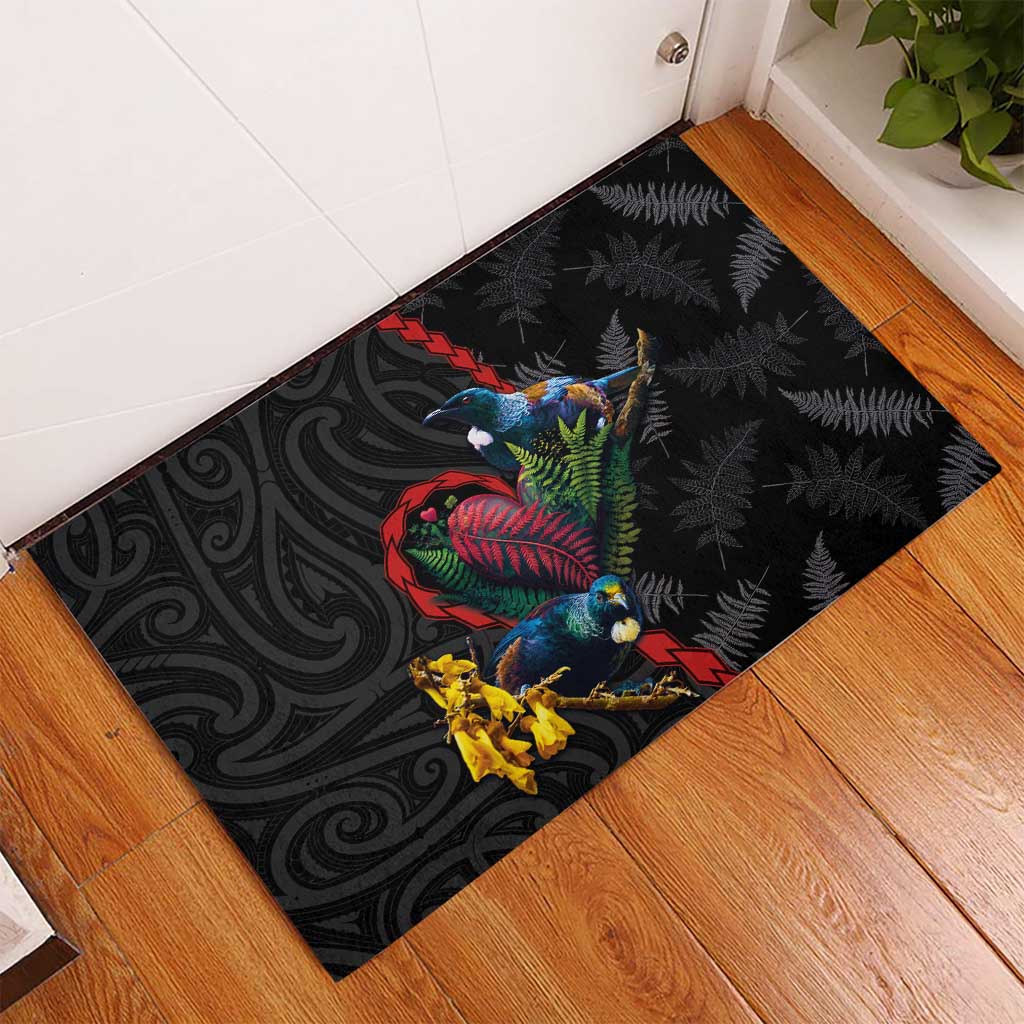 New Zealand Tui Birds Love Couple Rubber Doormat The Heart of Silver Fern Leaves and Maori Tattoo Pattern