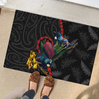 New Zealand Tui Birds Love Couple Rubber Doormat The Heart of Silver Fern Leaves and Maori Tattoo Pattern