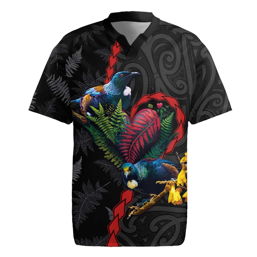 New Zealand Tui Birds Love Couple Rugby Jersey The Heart of Silver Fern Leaves and Maori Tattoo Pattern