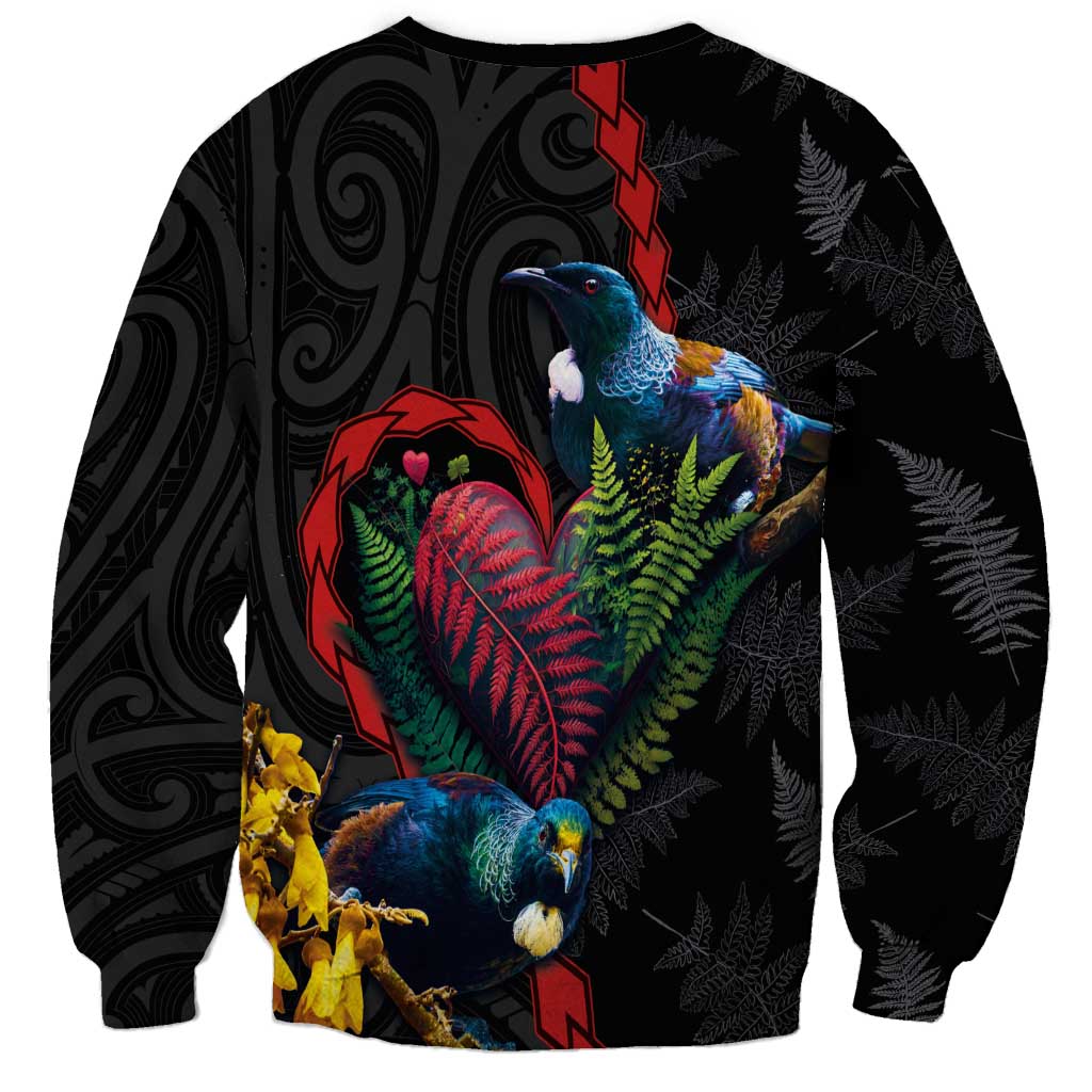 New Zealand Tui Birds Love Couple Sweatshirt The Heart of Silver Fern Leaves and Maori Tattoo Pattern LT03 - Polynesian Pride