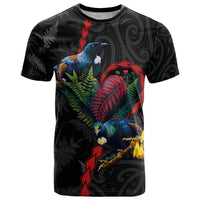 New Zealand Tui Birds Love Couple T Shirt The Heart of Silver Fern Leaves and Maori Tattoo Pattern LT03 Black - Polynesian Pride