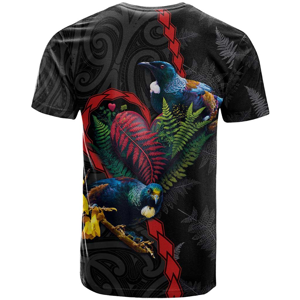 New Zealand Tui Birds Love Couple T Shirt The Heart of Silver Fern Leaves and Maori Tattoo Pattern LT03 - Polynesian Pride