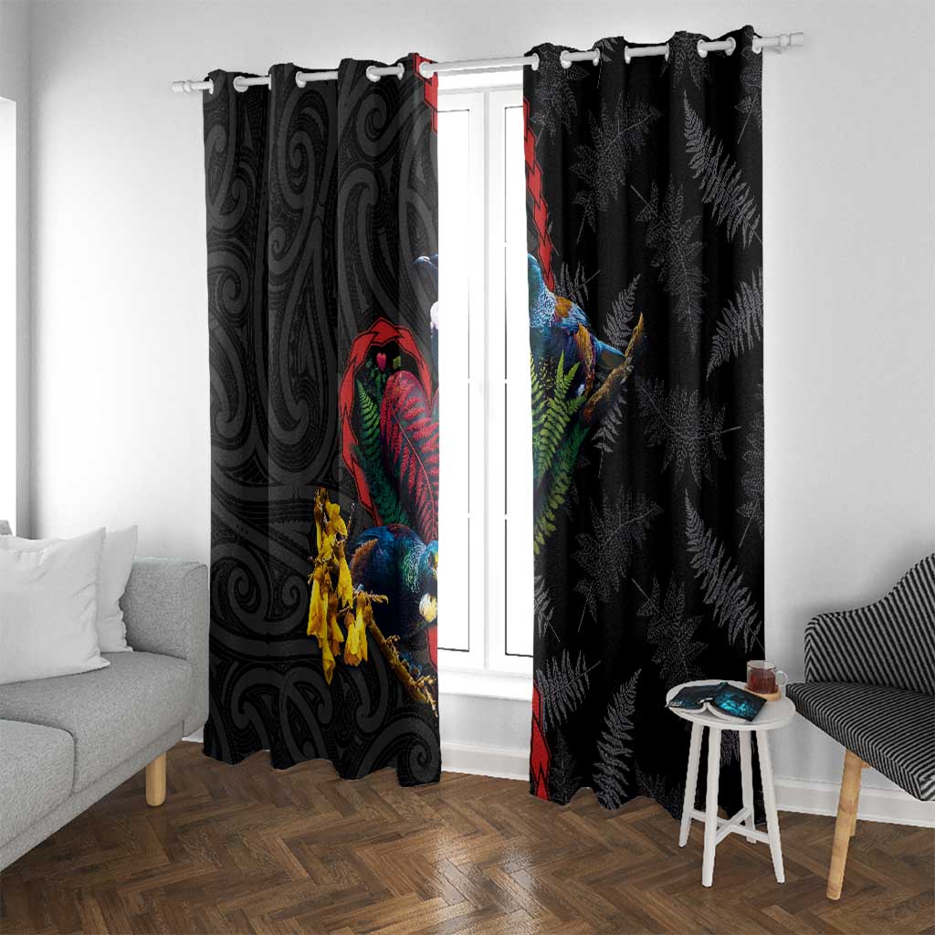 New Zealand Tui Birds Love Couple Window Curtain The Heart of Silver Fern Leaves and Maori Tattoo Pattern