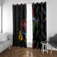New Zealand Tui Birds Love Couple Window Curtain The Heart of Silver Fern Leaves and Maori Tattoo Pattern