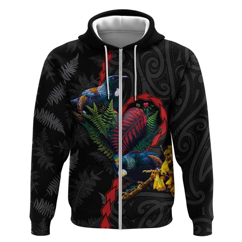 New Zealand Tui Birds Love Couple Zip Hoodie The Heart of Silver Fern Leaves and Maori Tattoo Pattern