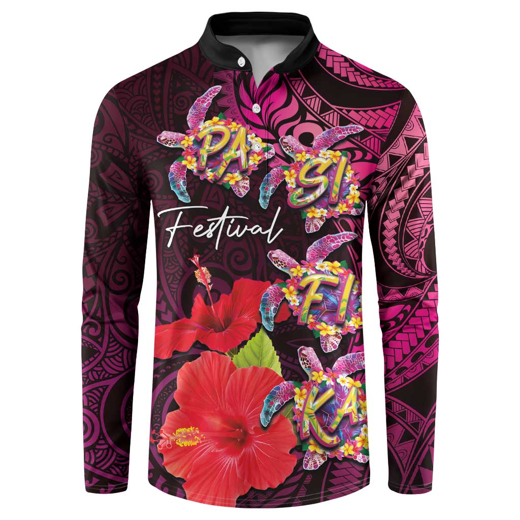 Pasifika Festival Button Sweatshirt Plumeria Turtles with Hibiscus - Polynesian Art Tattoo Pink Color