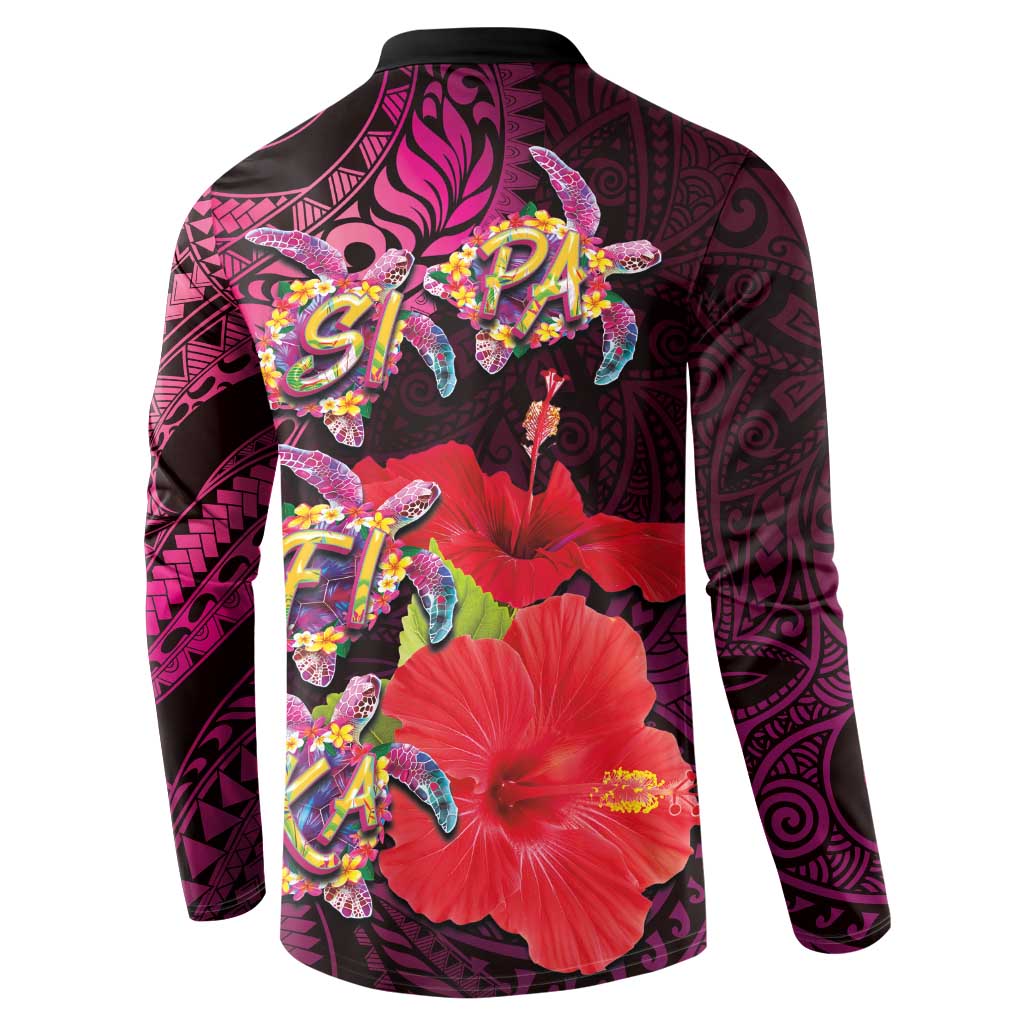 Pasifika Festival Button Sweatshirt Plumeria Turtles with Hibiscus - Polynesian Art Tattoo Pink Color