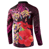 Pasifika Festival Button Sweatshirt Plumeria Turtles with Hibiscus - Polynesian Art Tattoo Pink Color