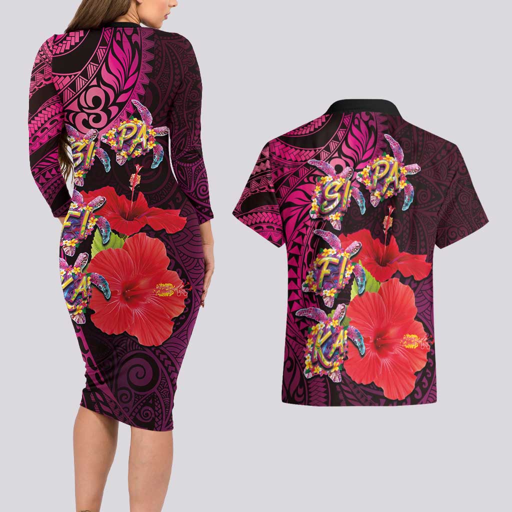 Pasifika Festival Couples Matching Long Sleeve Bodycon Dress and Hawaiian Shirt Plumeria Turtles with Hibiscus - Polynesian Art Tattoo Pink Color