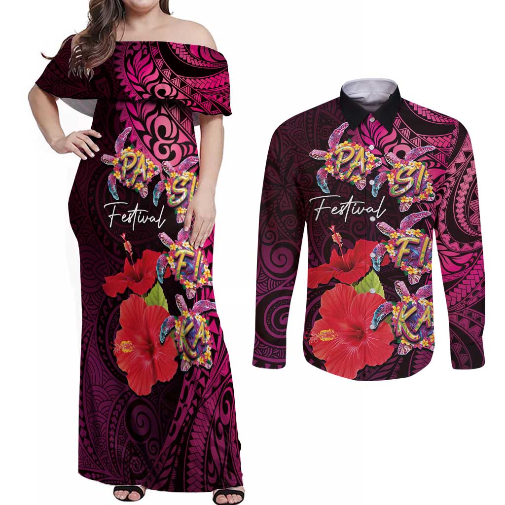 Pasifika Festival Couples Matching Off Shoulder Maxi Dress and Long Sleeve Button Shirt Plumeria Turtles with Hibiscus - Polynesian Art Tattoo Pink Color