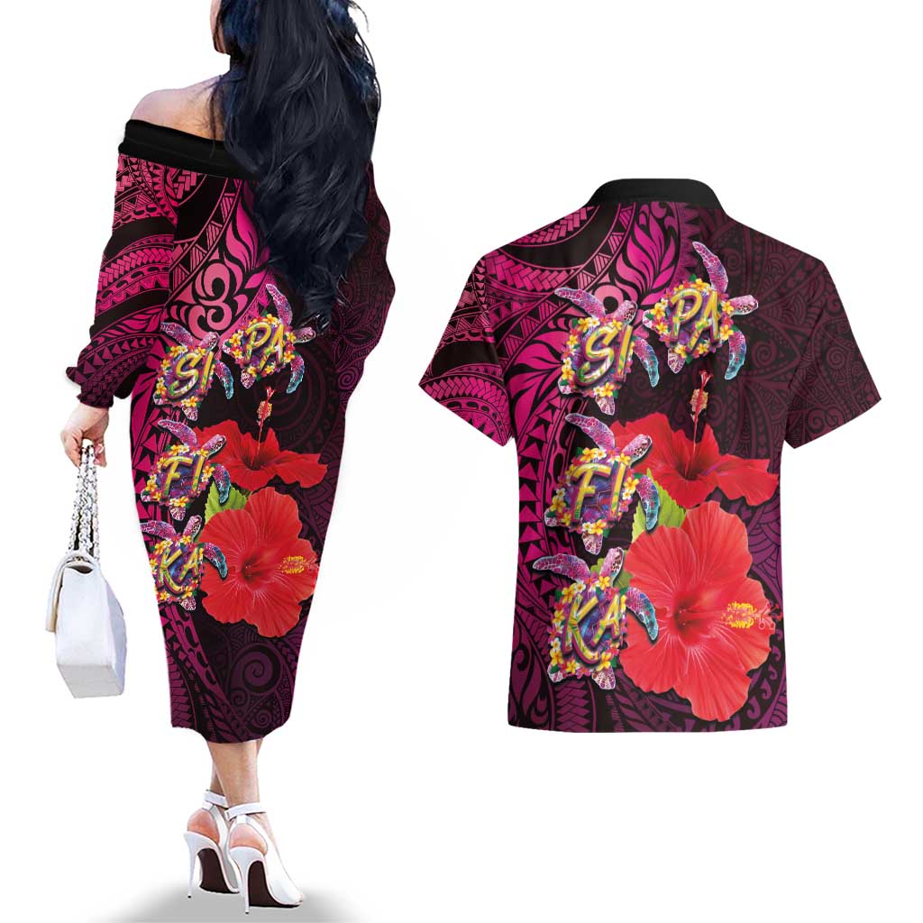 Pasifika Festival Couples Matching Off The Shoulder Long Sleeve Dress and Hawaiian Shirt Plumeria Turtles with Hibiscus - Polynesian Art Tattoo Pink Color