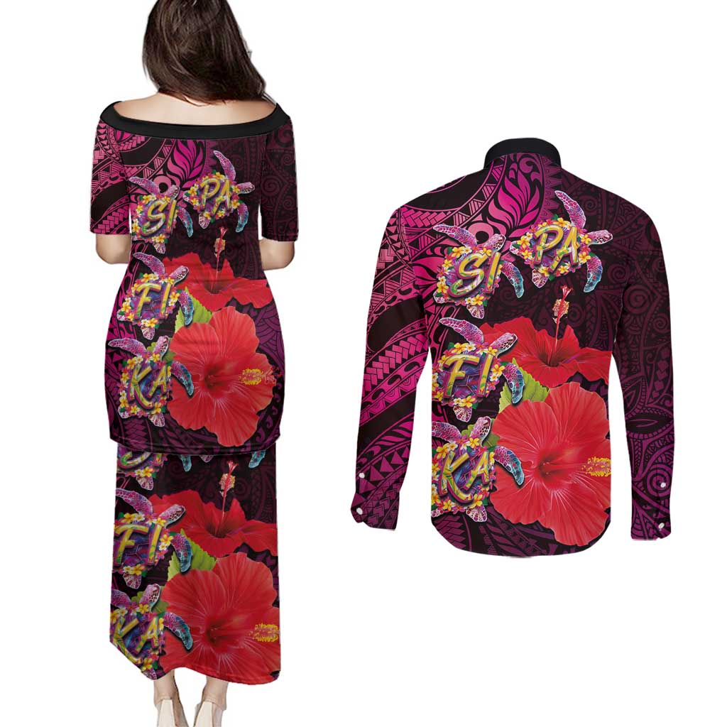 Pasifika Festival Couples Matching Puletasi and Long Sleeve Button Shirt Plumeria Turtles with Hibiscus - Polynesian Art Tattoo Pink Color