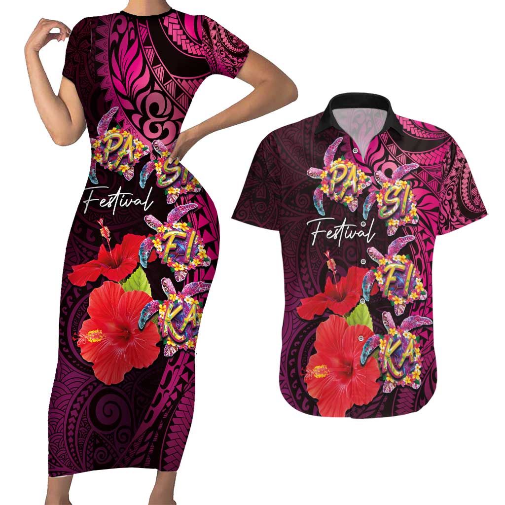 Pasifika Festival Couples Matching Short Sleeve Bodycon Dress and Hawaiian Shirt Plumeria Turtles with Hibiscus - Polynesian Art Tattoo Pink Color
