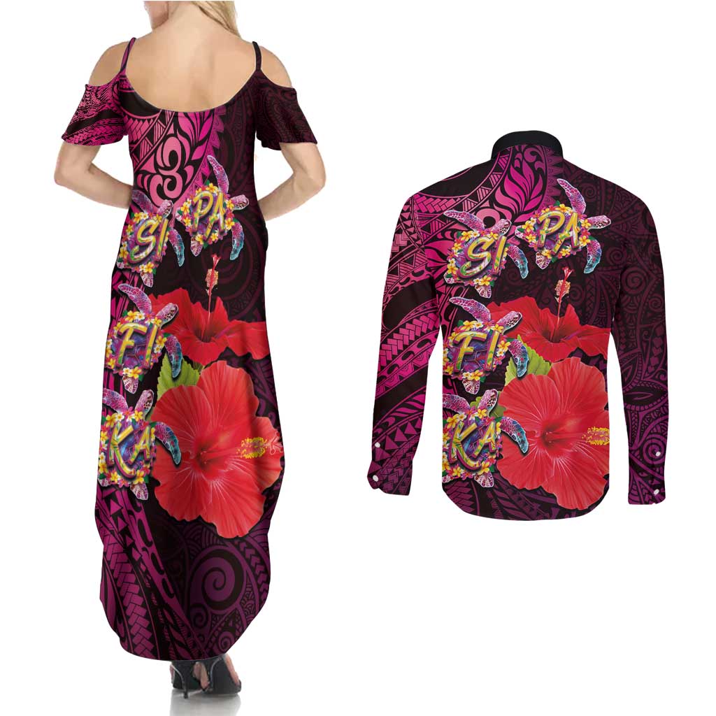 Pasifika Festival Couples Matching Summer Maxi Dress and Long Sleeve Button Shirt Plumeria Turtles with Hibiscus - Polynesian Art Tattoo Pink Color