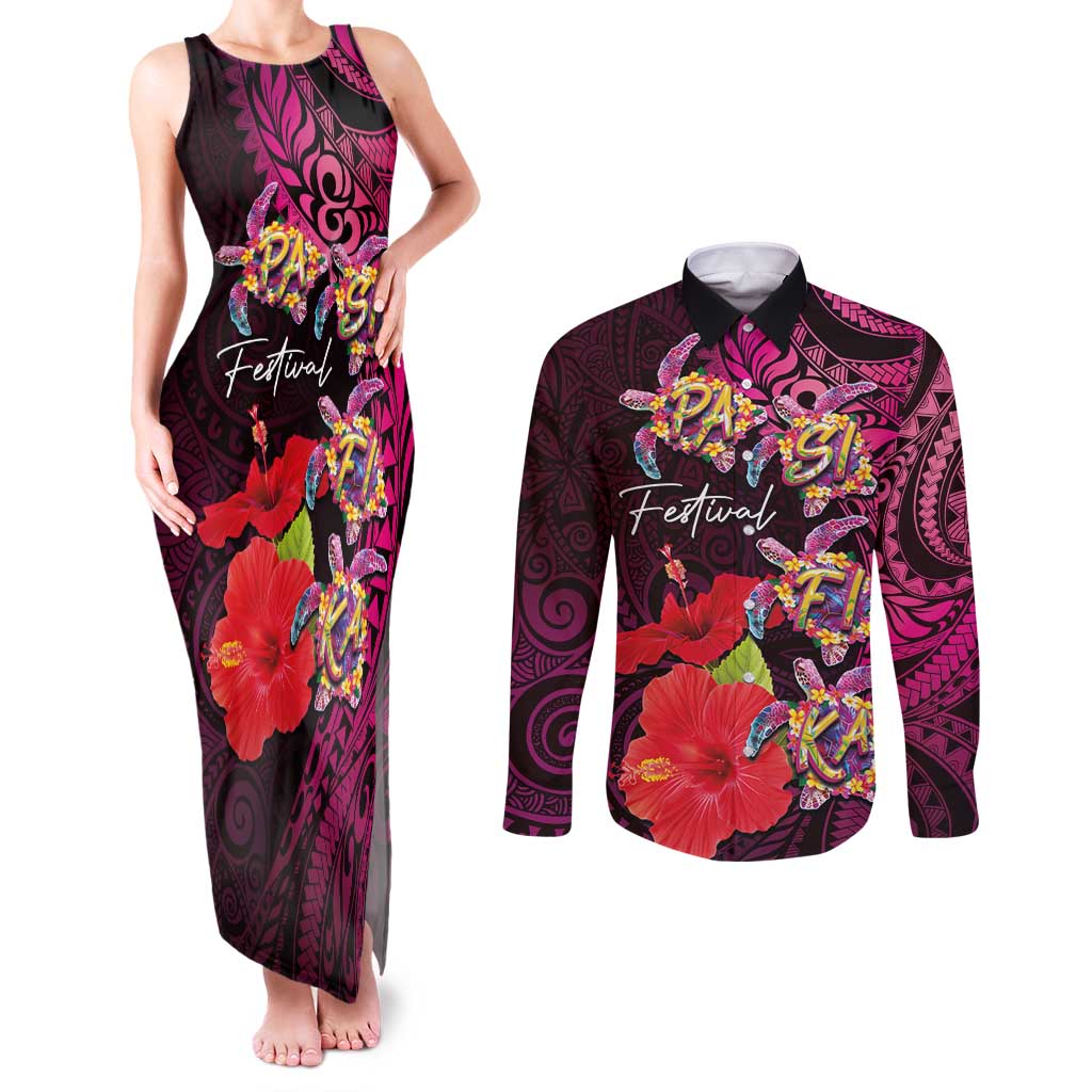 Pasifika Festival Couples Matching Tank Maxi Dress and Long Sleeve Button Shirt Plumeria Turtles with Hibiscus - Polynesian Art Tattoo Pink Color LT03 Pink - Polynesian Pride