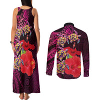 Pasifika Festival Couples Matching Tank Maxi Dress and Long Sleeve Button Shirt Plumeria Turtles with Hibiscus - Polynesian Art Tattoo Pink Color LT03 - Polynesian Pride