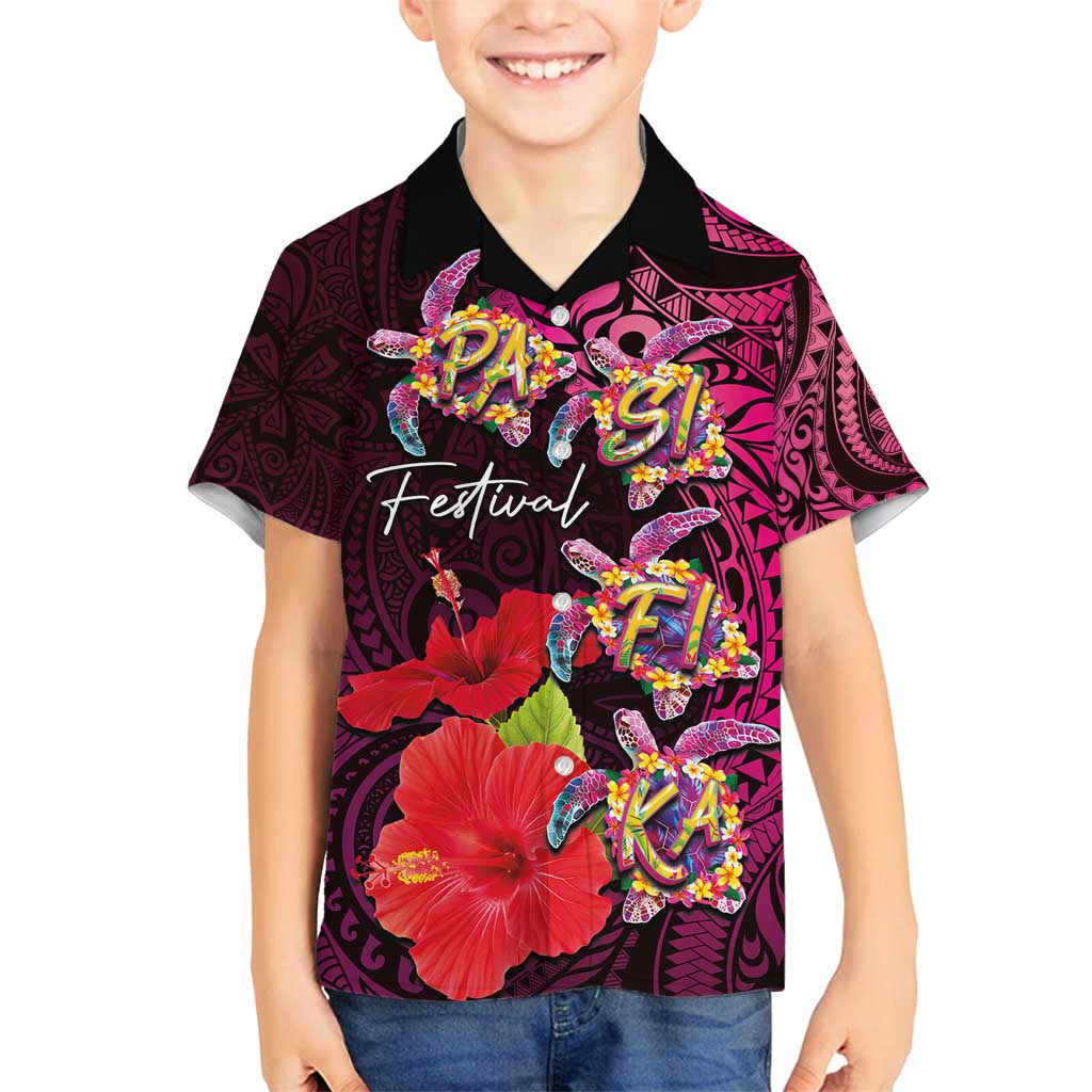 Pasifika Festival Family Matching Off Shoulder Short Dress and Hawaiian Shirt Plumeria Turtles with Hibiscus - Polynesian Art Tattoo Pink Color