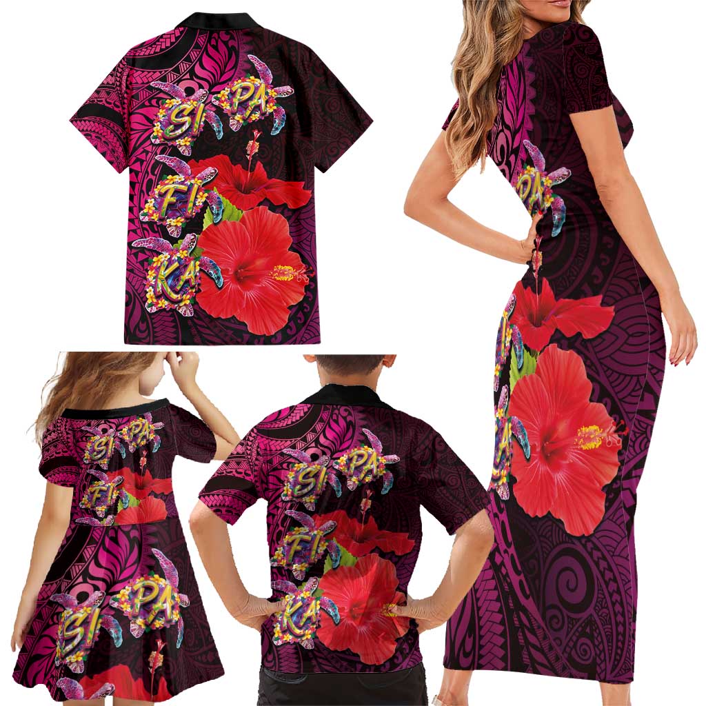 Pasifika Festival Family Matching Short Sleeve Bodycon Dress and Hawaiian Shirt Plumeria Turtles with Hibiscus - Polynesian Art Tattoo Pink Color