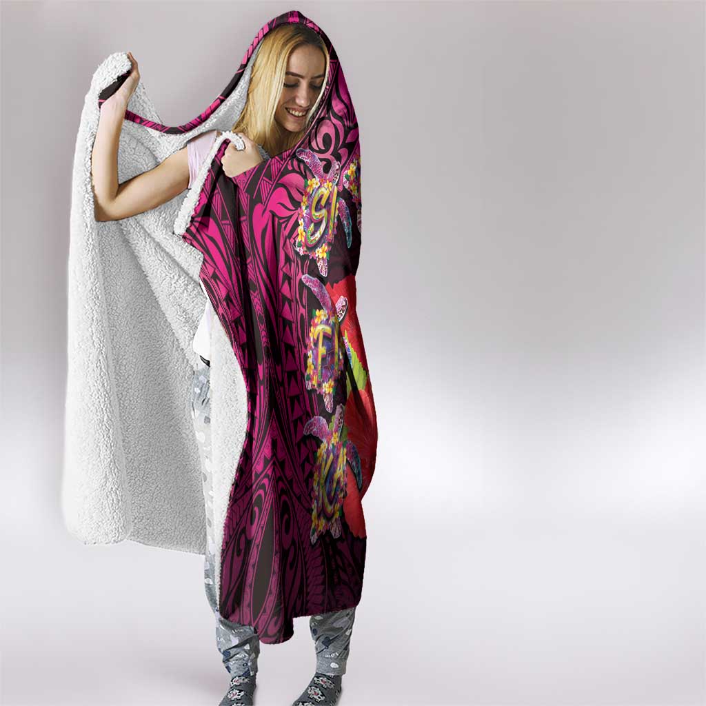 Pasifika Festival Hooded Blanket Plumeria Turtles with Hibiscus - Polynesian Art Tattoo Pink Color