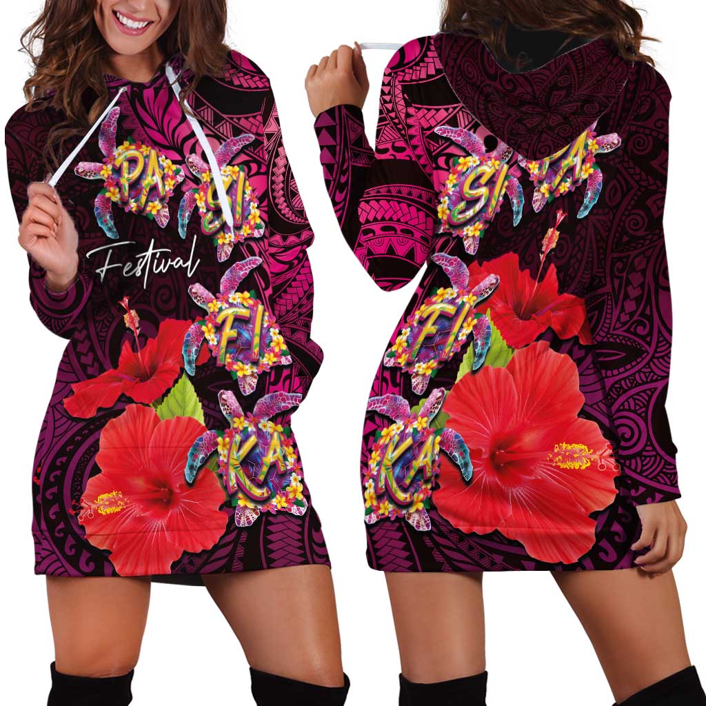 Pasifika Festival Hoodie Dress Plumeria Turtles with Hibiscus - Polynesian Art Tattoo Pink Color