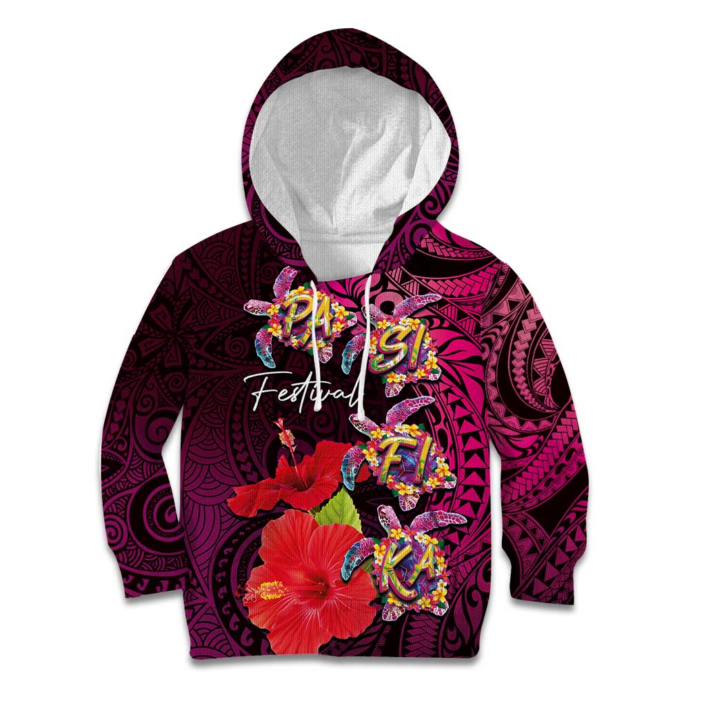 Pasifika Festival Kid Hoodie Plumeria Turtles with Hibiscus - Polynesian Art Tattoo Pink Color