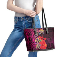 Pasifika Festival Leather Tote Bag Plumeria Turtles with Hibiscus - Polynesian Art Tattoo Pink Color