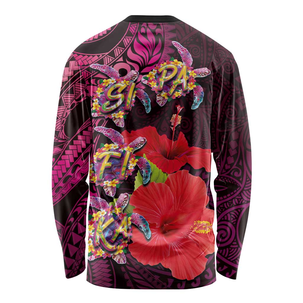 Pasifika Festival Long Sleeve Shirt Plumeria Turtles with Hibiscus - Polynesian Art Tattoo Pink Color