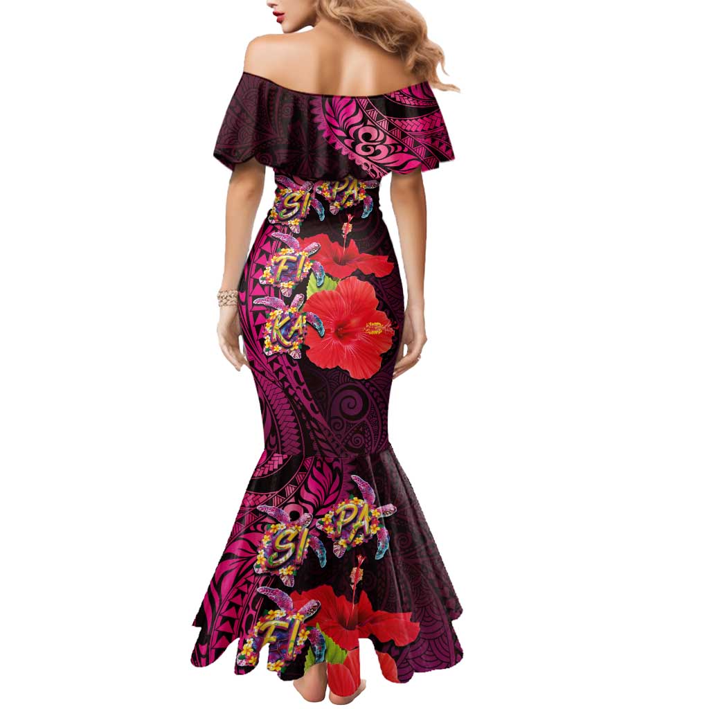 Pasifika Festival Mermaid Dress Plumeria Turtles with Hibiscus - Polynesian Art Tattoo Pink Color