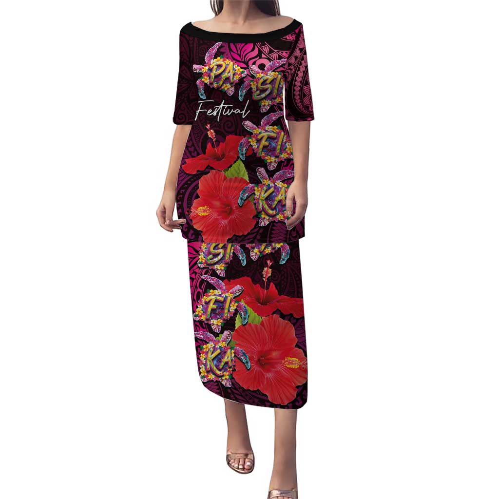 Pasifika Festival Puletasi Plumeria Turtles with Hibiscus - Polynesian Art Tattoo Pink Color